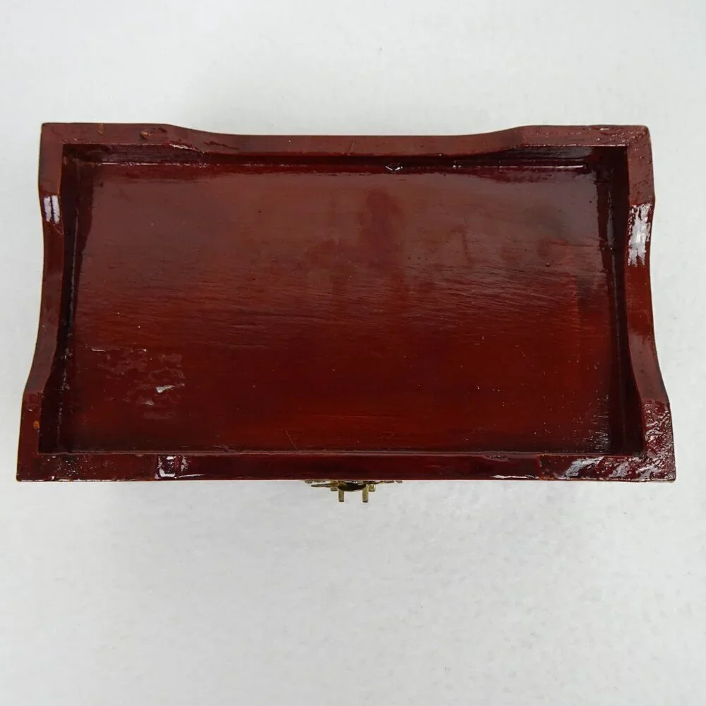 Vintage Asian Jewelry Box Lacquered Carved Diorama Art Inset Pagoda Lined